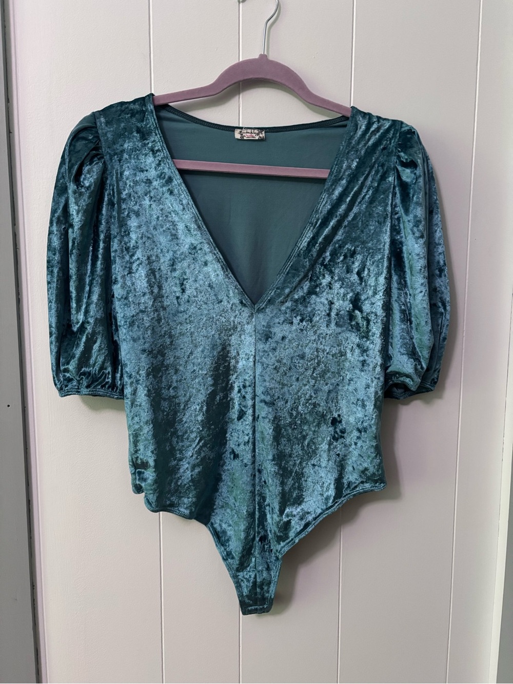 Intimately Free People Velvet Teal V-Neck Puff Sleeve Bodysuit Medium